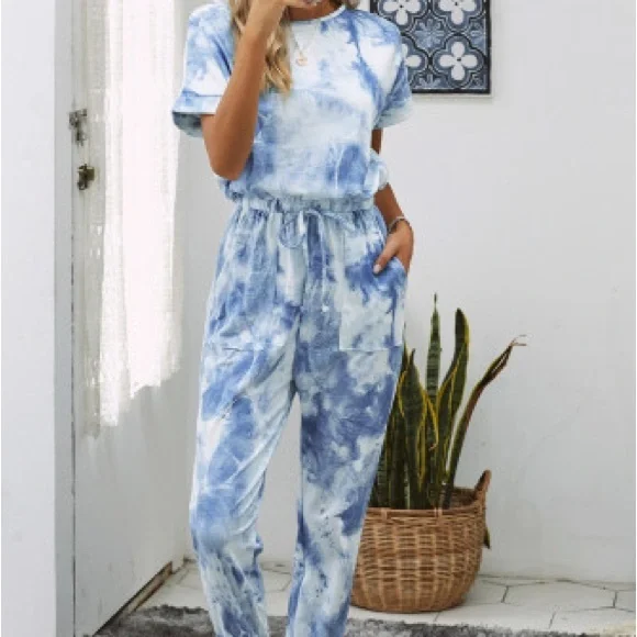 Blue Pocketed Tie Dye Knit Jumpsuit. NWT. - Picture 4 of 16